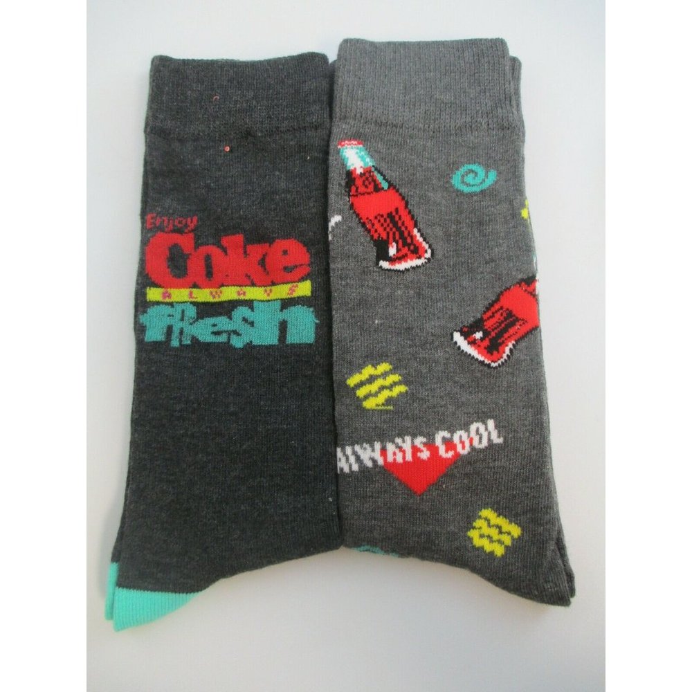 Coca-Cola 2-Pack of Crew Socks Grey Bottle Repeat Always Fresh Shoe Size 6.5-12
